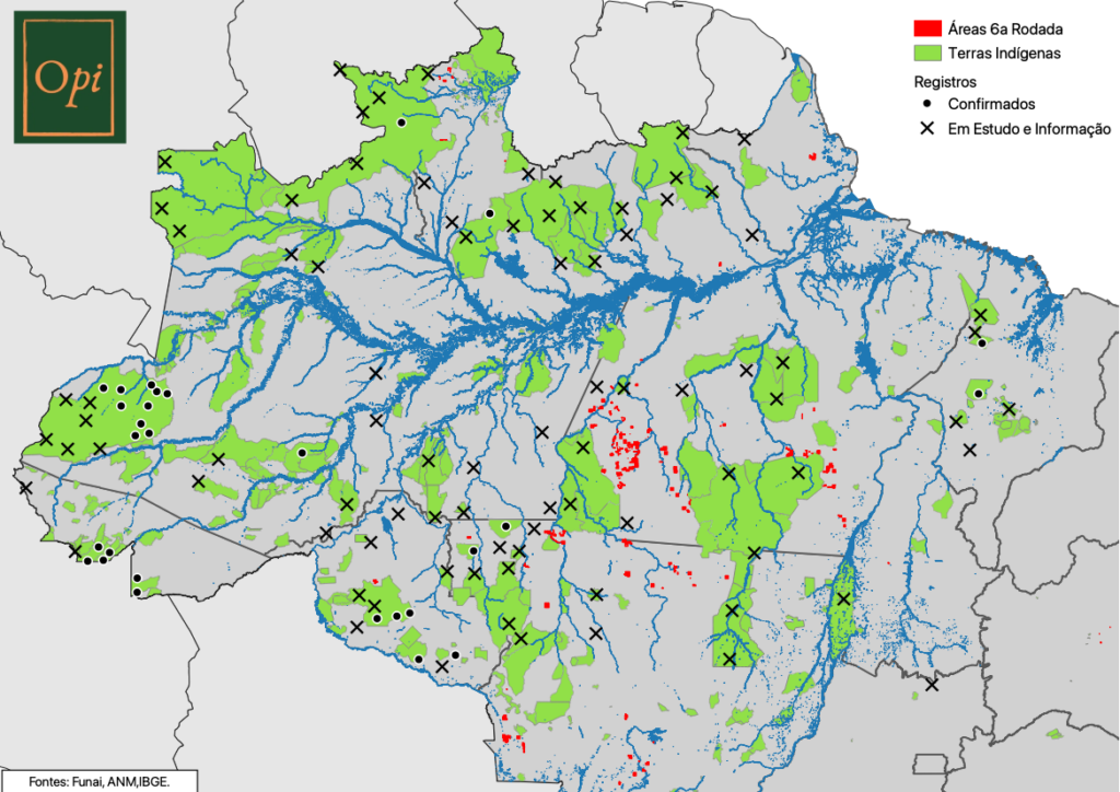Mapa da 6ª Rodada de Disponibilidade de Áreas | Cruzamento de dados feito pelo Opi mostra proximidade de permissões para garimpo com áreas onde há registros de isolados no Pará, Rondônia, Mato Grosso e Roraima.