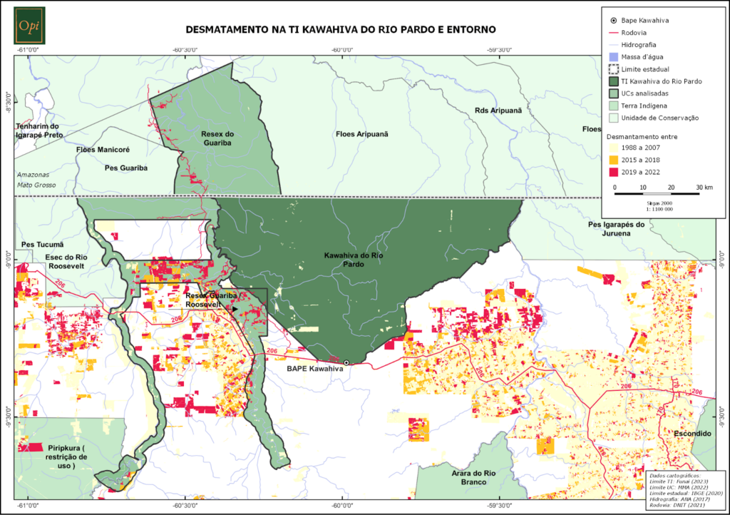 Mapa elaborado pelo Opi com dados de desmatamento do Inpe no entorno da TI Kawahiva do Rio Pardo mostra a área cercada por invasores. Fonte: Opi/2023