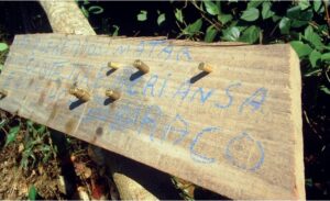 Placa com ameaças colocada por invasores na TI Kawahiva do Rio Pardo.