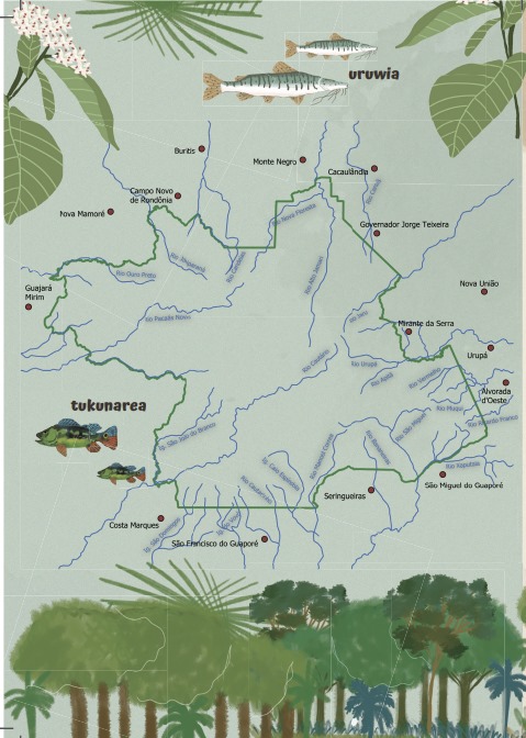 Mapa desenhado especialmente para o livro mostra os municípios no entorno da TI Uru Eu Wau Wau, em RO.