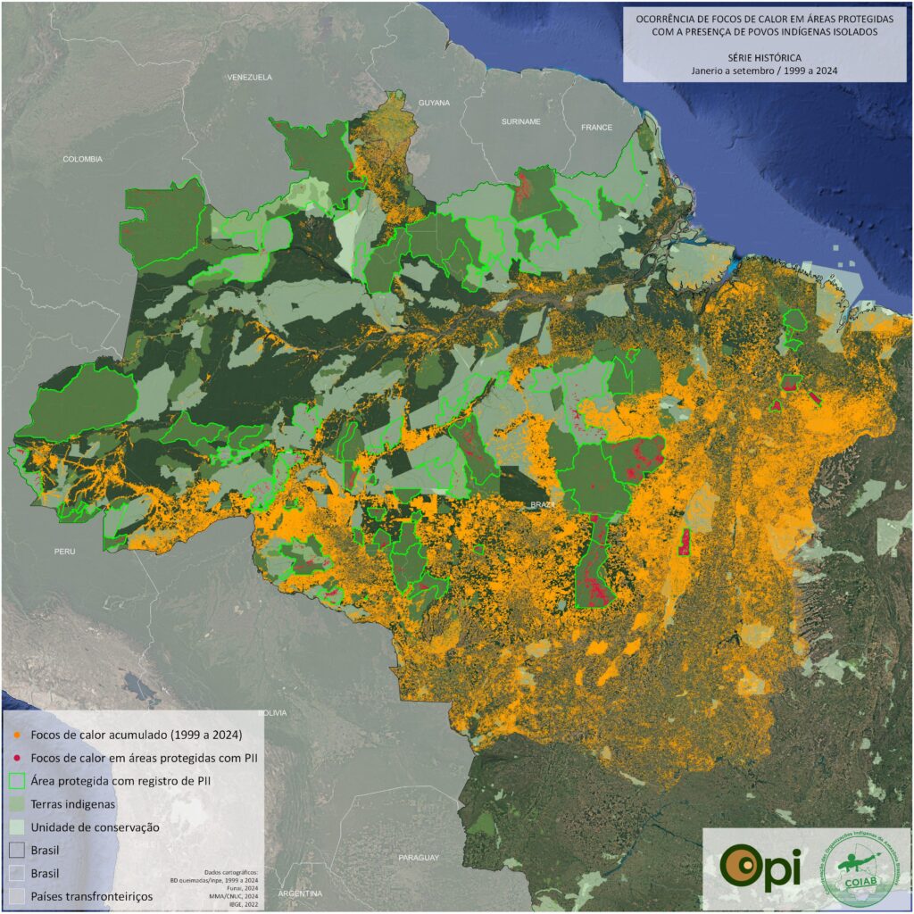 Mapa mostra incidência de focos de calor nas terras com presença de povos isolados ao longo do tempo. 