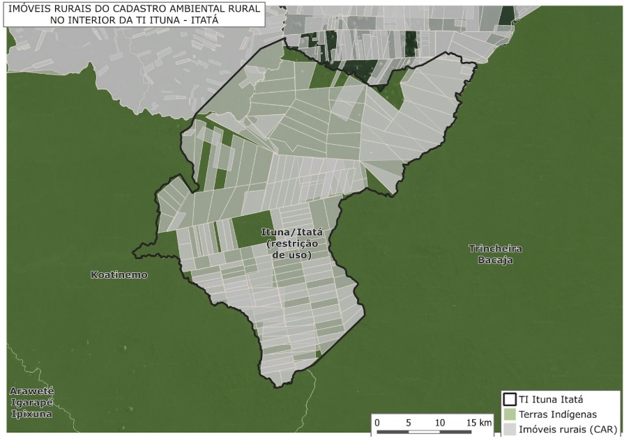 Mapa da Plataforma Mapi mostrando registros de Car sobrepostos à Terra Indígena Ituna Itatá.