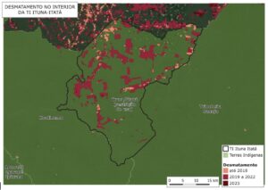 Mapa da Plataforma Mapi mostra a Terra Ituna Itatá e destaca os focos de desmatamento feitos por invasores no território.
