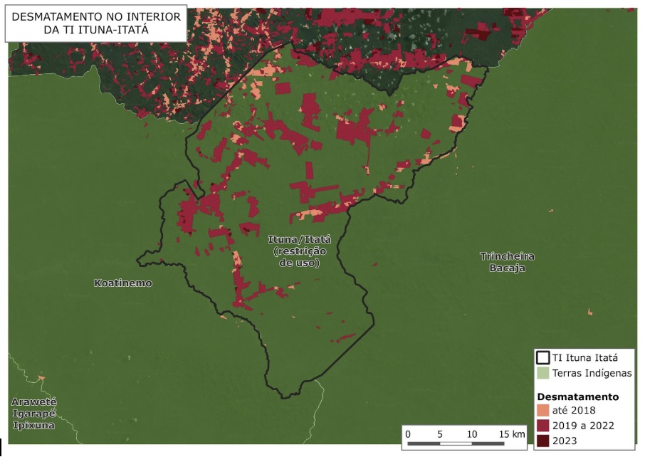 Mapa da Plataforma Mapi mostra a Terra Ituna Itatá e destaca os focos de desmatamento feitos por invasores no território.